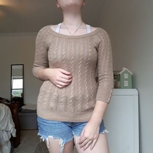 American Eagle tan crochet scoop neck Y2K 3/4 sleeve fall lightweight sweater